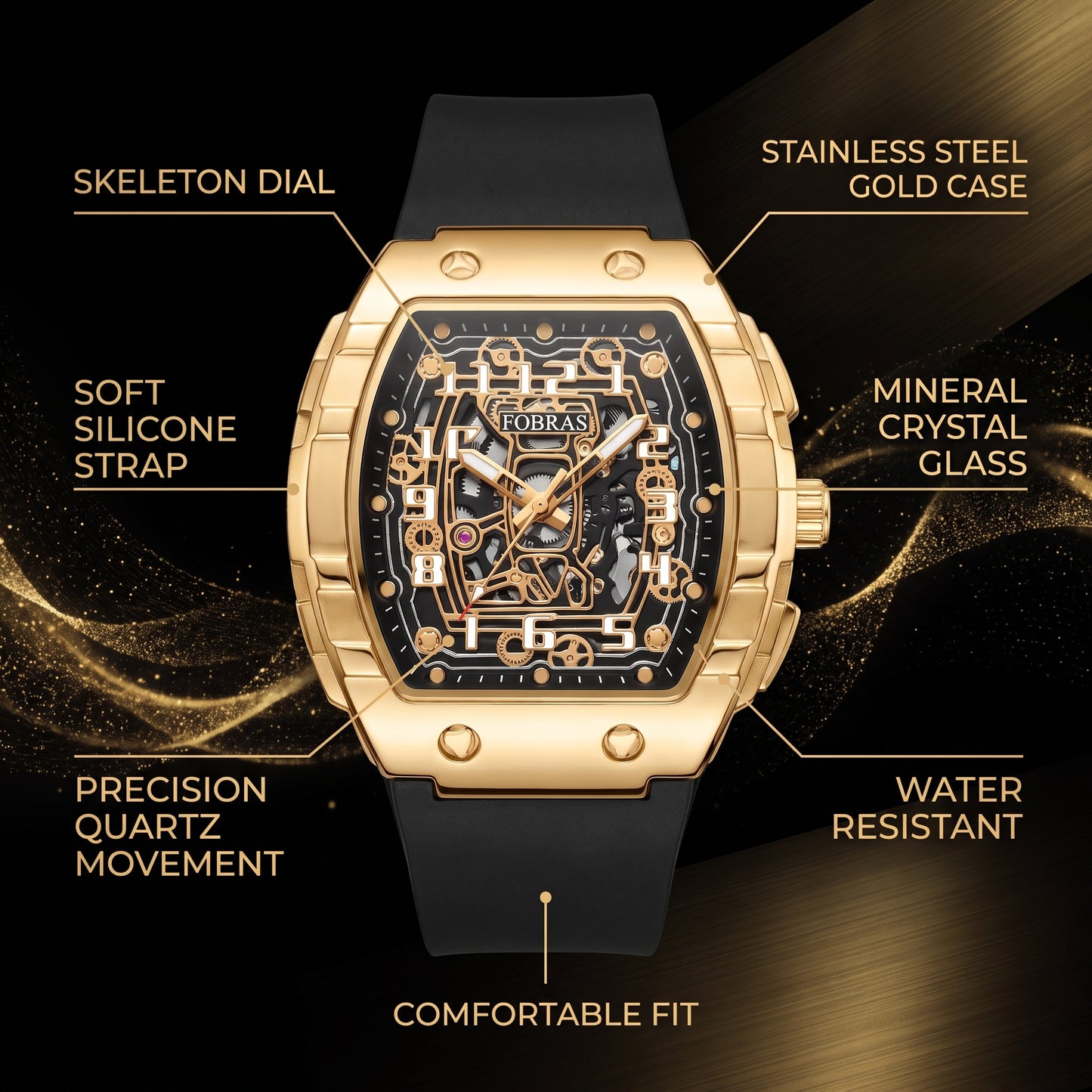 FOBRAS Luxury Royal Gold Automatic Skeleton Watch for Men