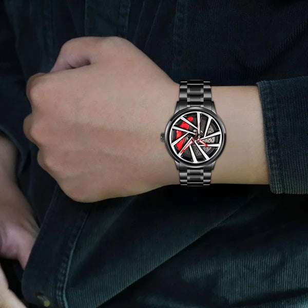 Black Automotive-Inspired Skeleton Luxury Watch – Red Hands & Yellow Brake Caliper Dial