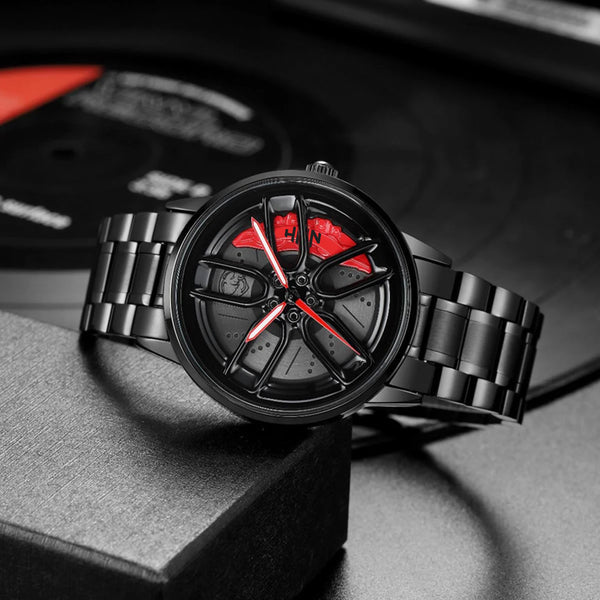 Black Automotive-Inspired Skeleton Luxury Watch – Red Hands & Yellow Brake Caliper Dial