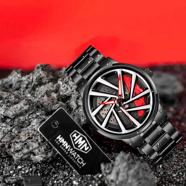 Black Automotive-Inspired Skeleton Luxury Watch – Red Hands & Yellow Brake Caliper Dial