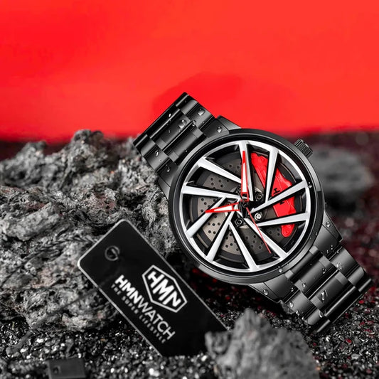Black Automotive-Inspired Skeleton Luxury Watch – Red Hands & Yellow Brake Caliper Dial