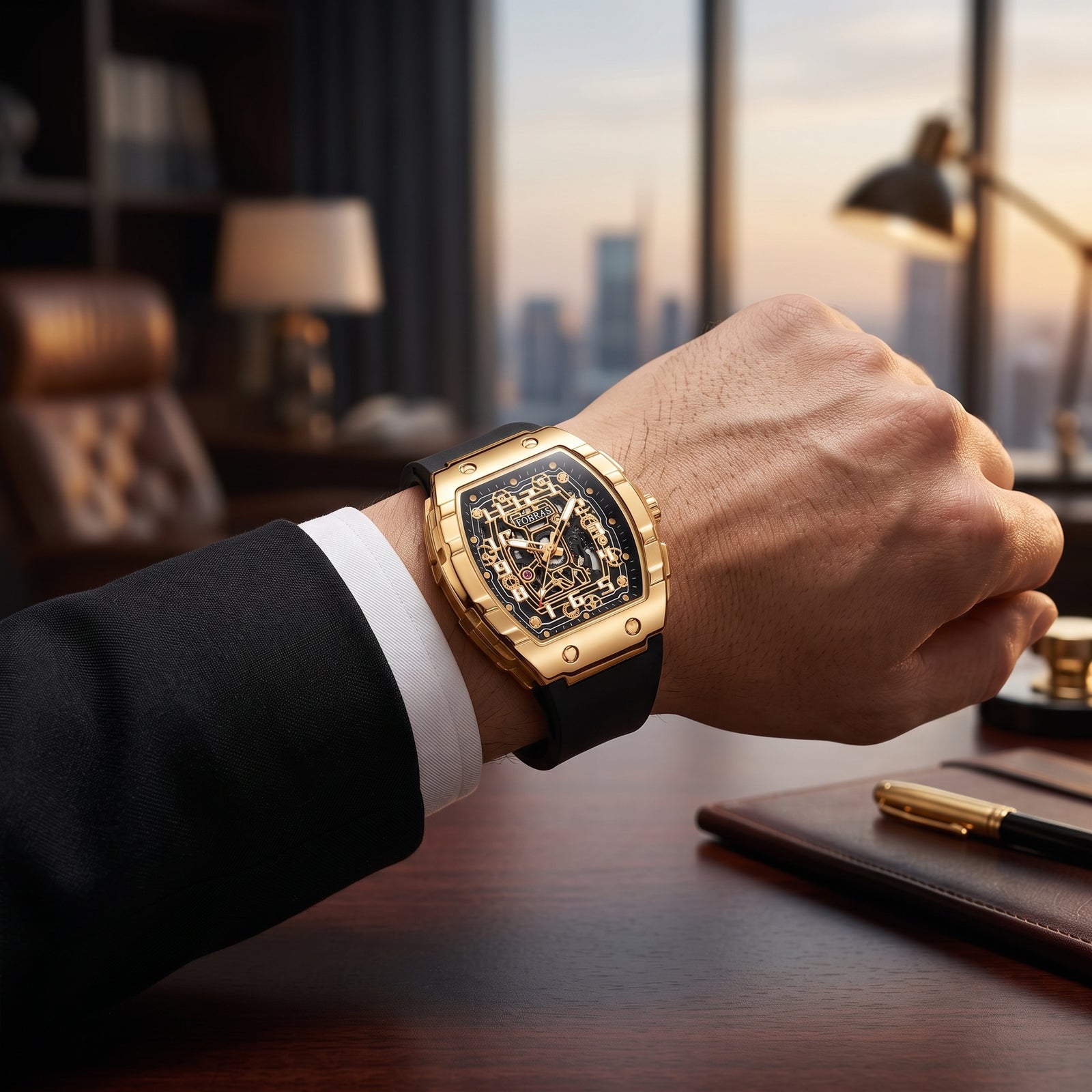 FOBRAS Luxury Royal Gold Automatic Skeleton Watch for Men