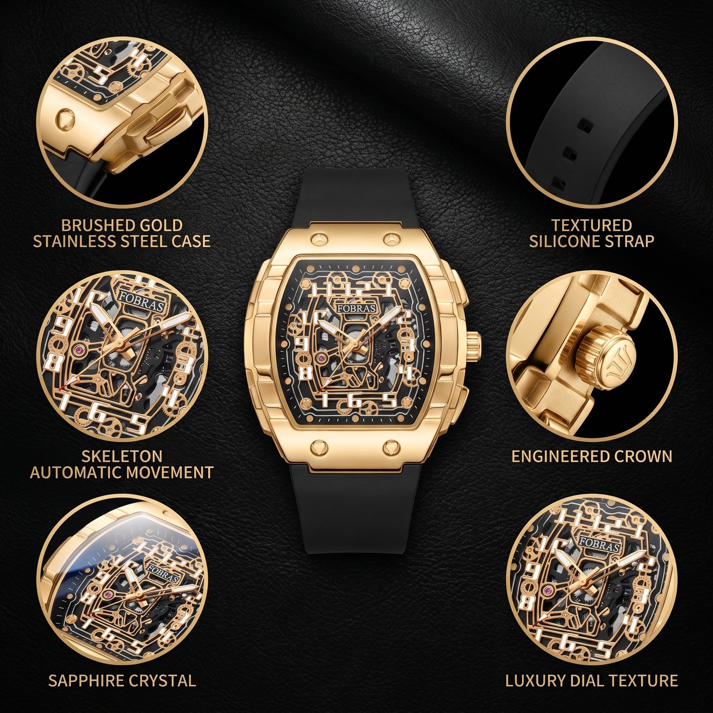 FOBRAS Luxury Royal Gold Automatic Skeleton Watch for Men