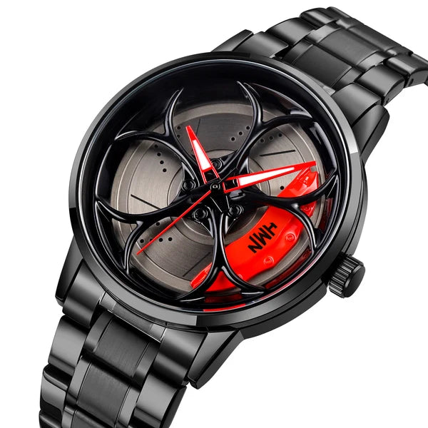 Black Automotive-Inspired Skeleton Luxury Watch – Red Hands & Yellow Brake Caliper Dial