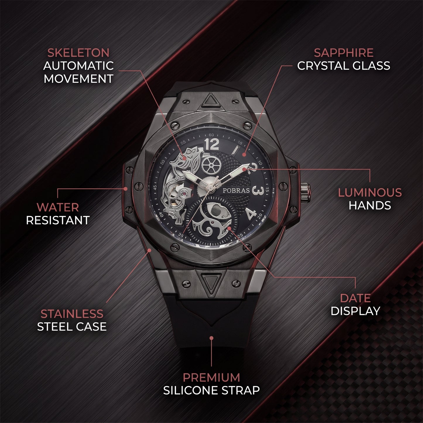 FOBRAS Luxury Shadow Black Automatic Skeleton Watch for Men