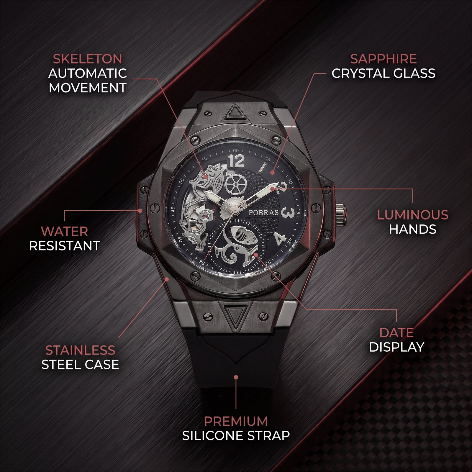FOBRAS Luxury Shadow Black Automatic Skeleton Watch for Men