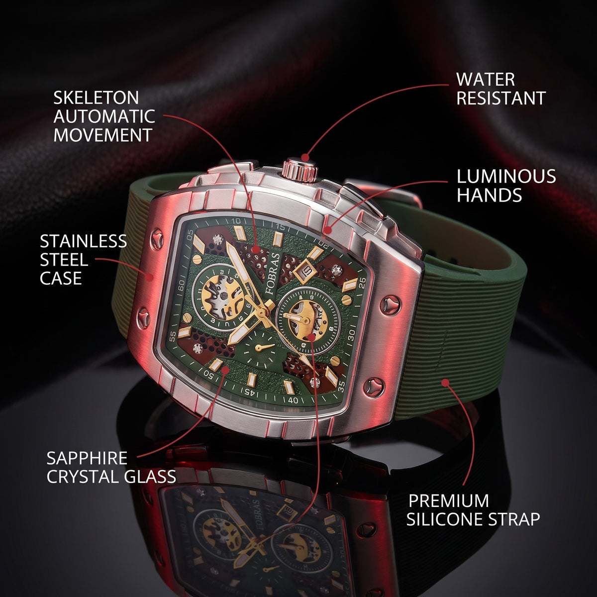 FOBRAS Luxury Black Automatic Skeleton Watch for Men