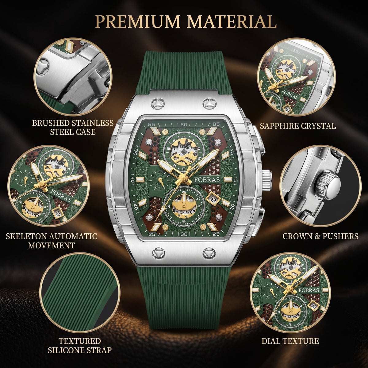 FOBRAS Luxury Black Automatic Skeleton Watch for Men