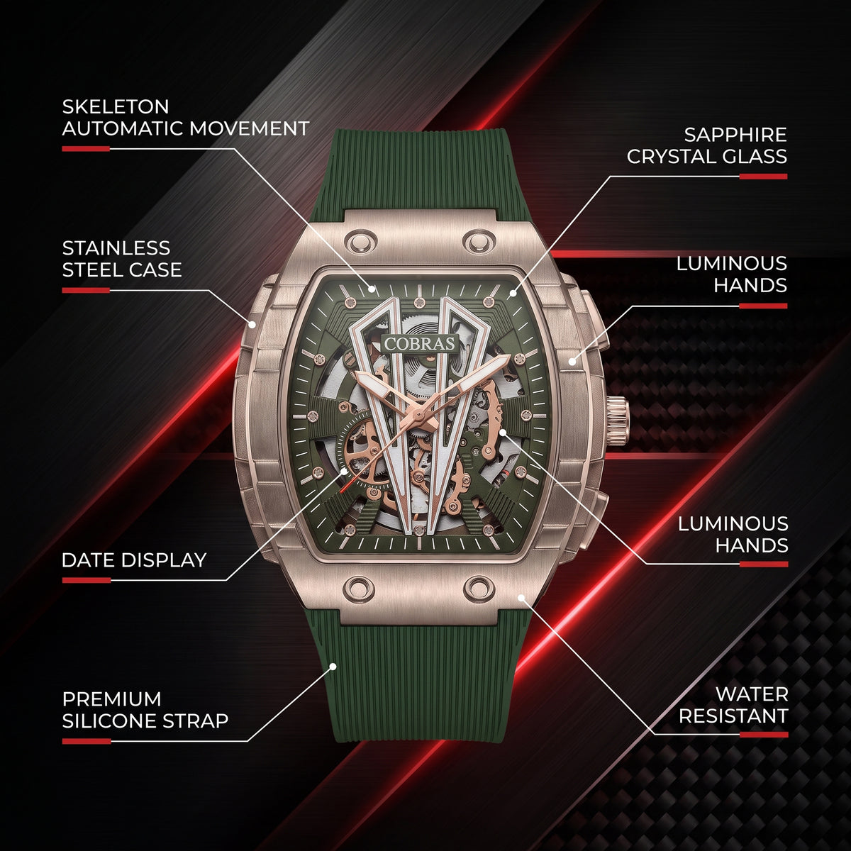 FOBRAS Luxury Gun Metal Grey Automatic Skeleton Watch for Men