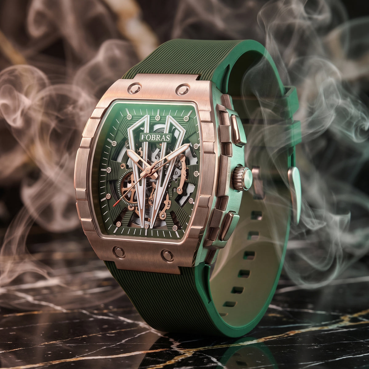 FOBRAS Luxury Gun Metal Grey Automatic Skeleton Watch for Men