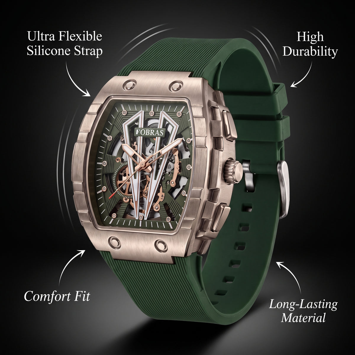 FOBRAS Luxury Gun Metal Grey Automatic Skeleton Watch for Men