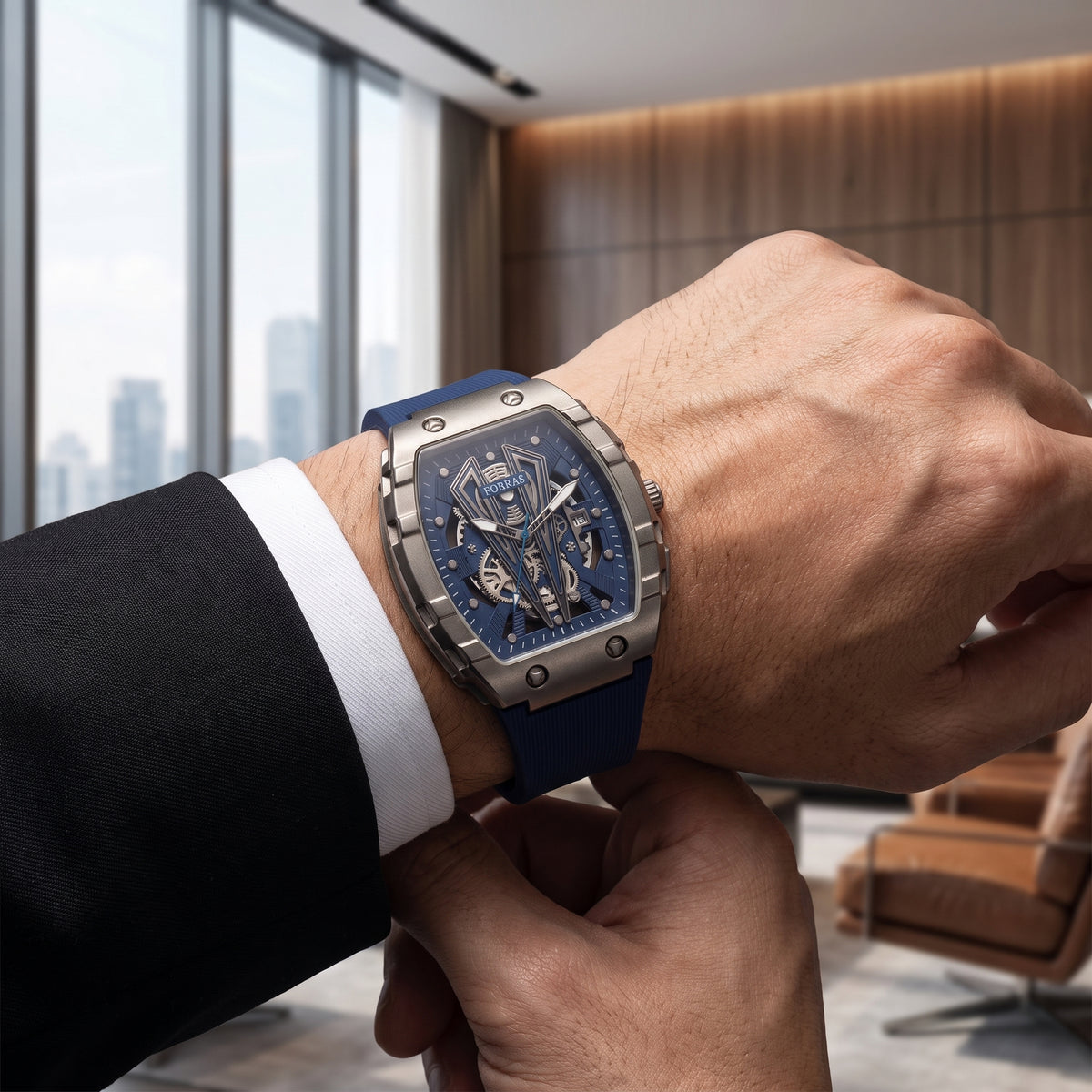 FOBRAS Luxury Gun Metal Grey Automatic Skeleton Watch for Men