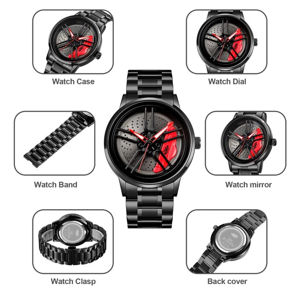 Black Automotive-Inspired Skeleton Luxury Watch – Red Hands & Yellow Brake Caliper Dial