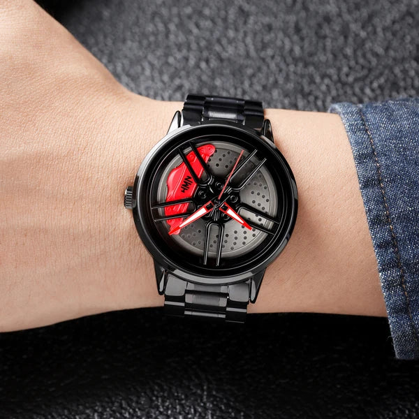 Black Automotive-Inspired Skeleton Luxury Watch – Red Hands & Yellow Brake Caliper Dial