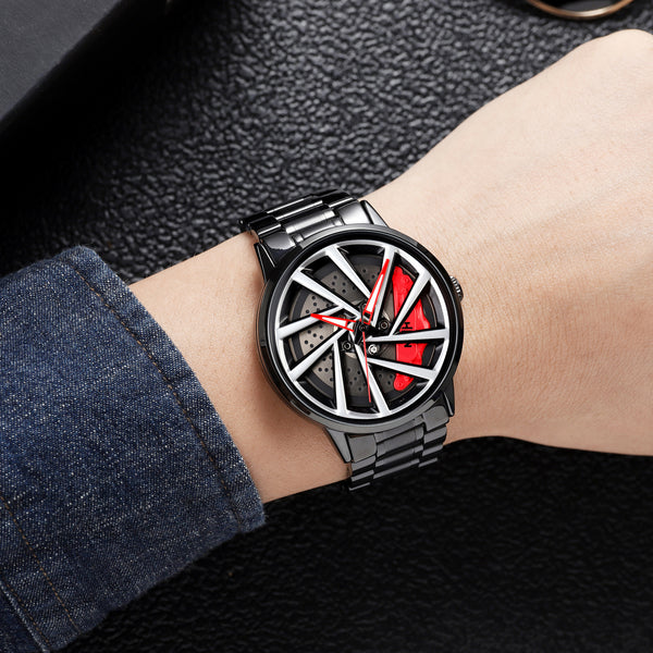 Black Automotive-Inspired Skeleton Luxury Watch – Red Hands & Yellow Brake Caliper Dial