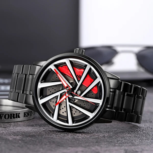 Black Automotive-Inspired Skeleton Luxury Watch – Red Hands & Yellow Brake Caliper Dial