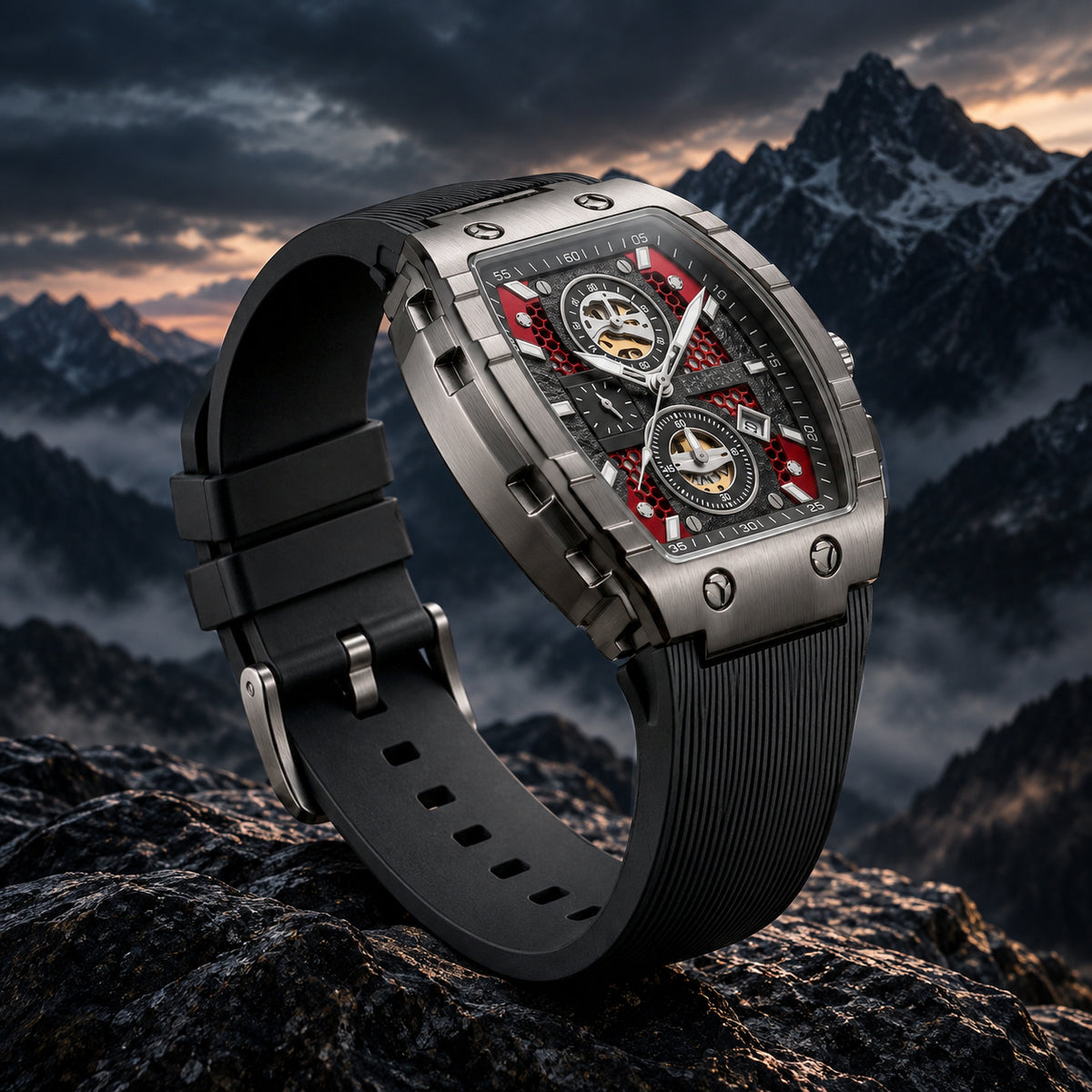 FOBRAS Luxury Black Automatic Skeleton Watch for Men
