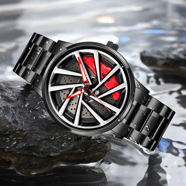 Black Automotive-Inspired Skeleton Luxury Watch – Red Hands & Yellow Brake Caliper Dial