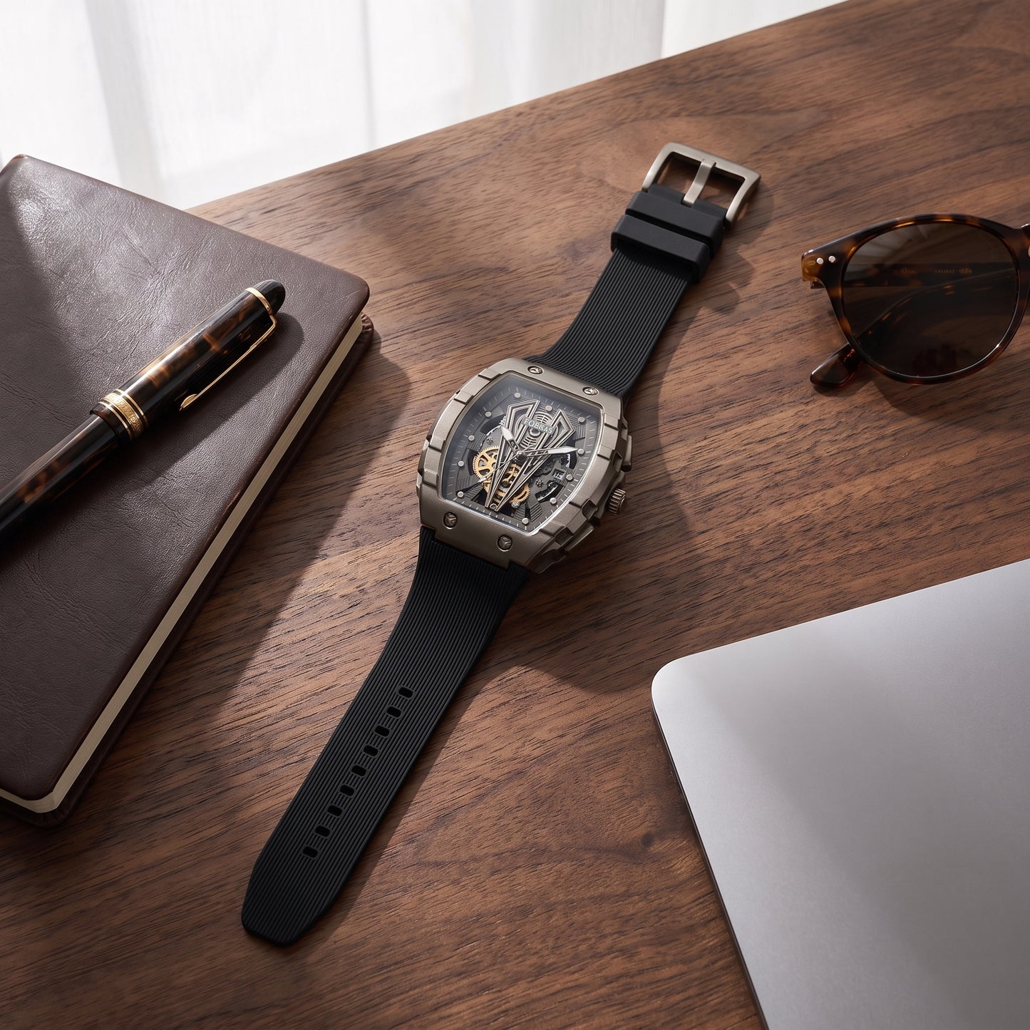 FOBRAS Luxury Gun Metal Grey Automatic Skeleton Watch for Men