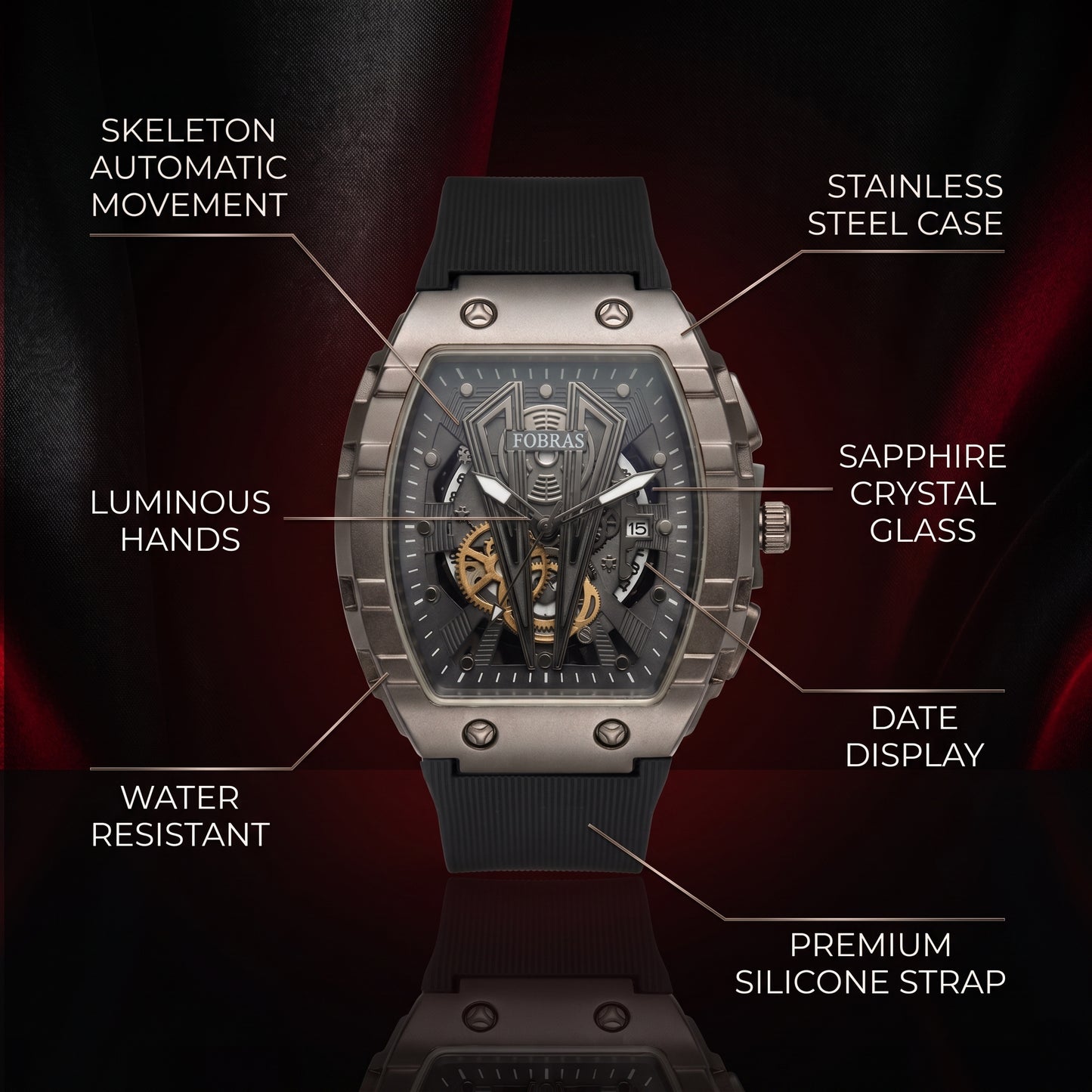 FOBRAS Luxury Gun Metal Grey Automatic Skeleton Watch for Men
