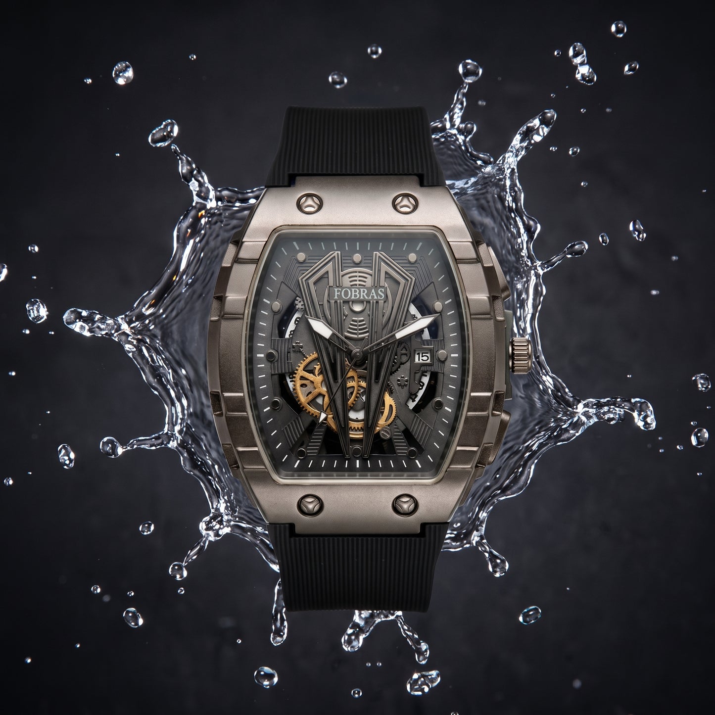 FOBRAS Luxury Gun Metal Grey Automatic Skeleton Watch for Men