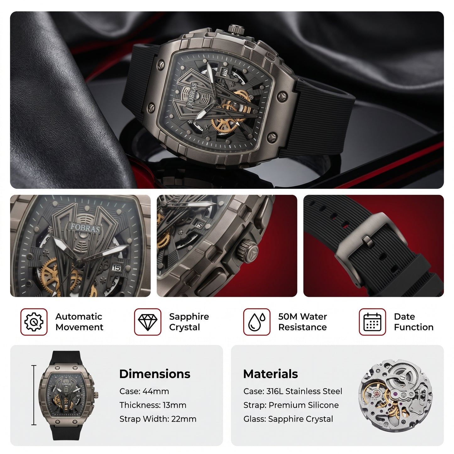 FOBRAS Luxury Gun Metal Grey Automatic Skeleton Watch for Men