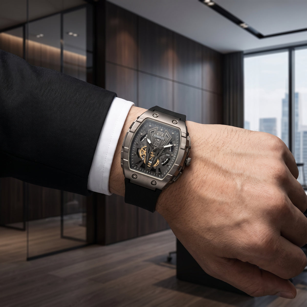 FOBRAS Luxury Gun Metal Grey Automatic Skeleton Watch for Men