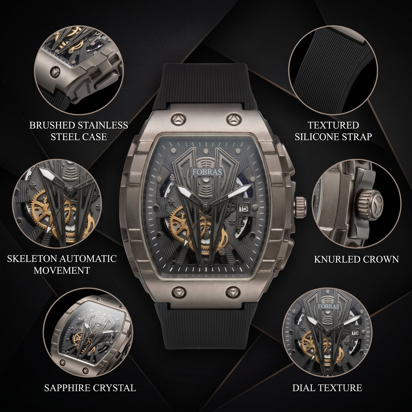 FOBRAS Luxury Gun Metal Grey Automatic Skeleton Watch for Men