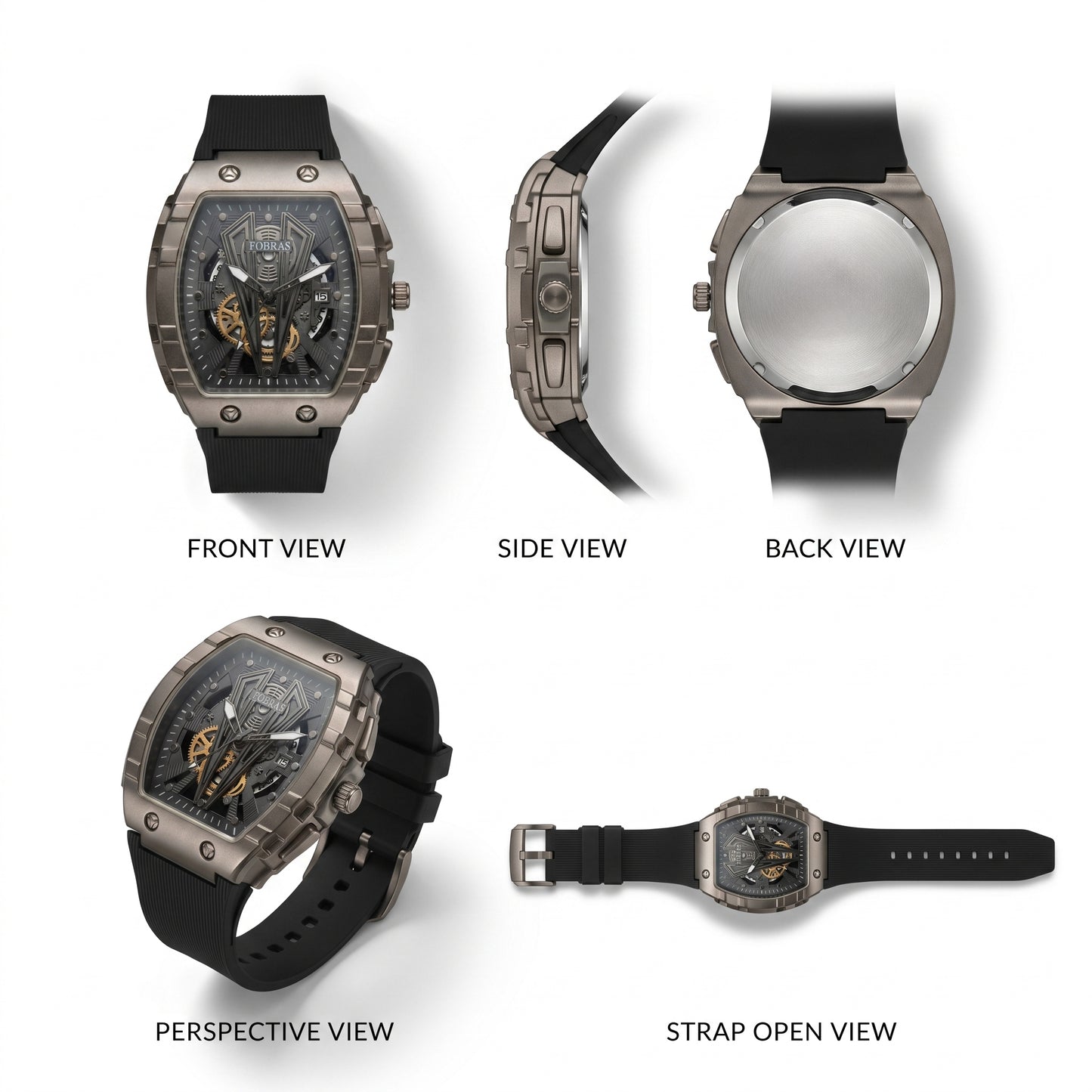 FOBRAS Luxury Gun Metal Grey Automatic Skeleton Watch for Men