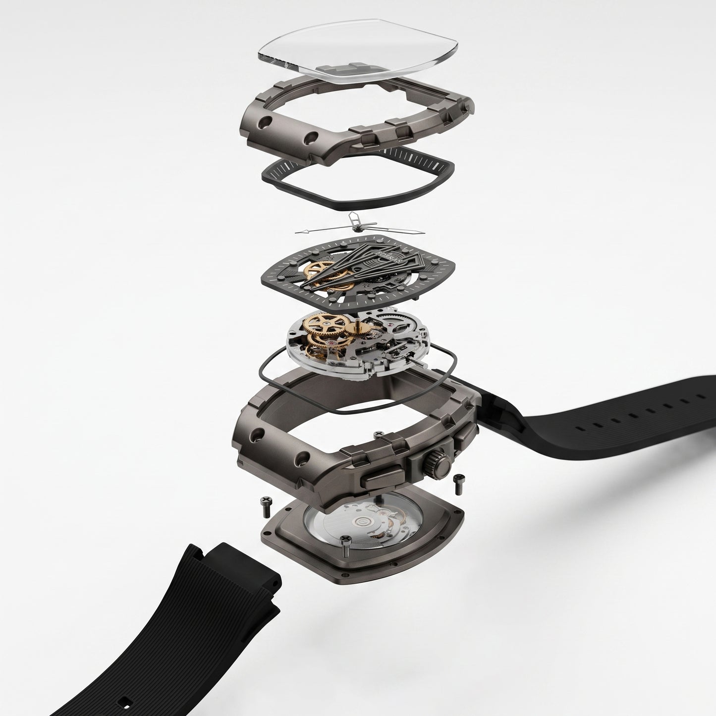 FOBRAS Luxury Gun Metal Grey Automatic Skeleton Watch for Men