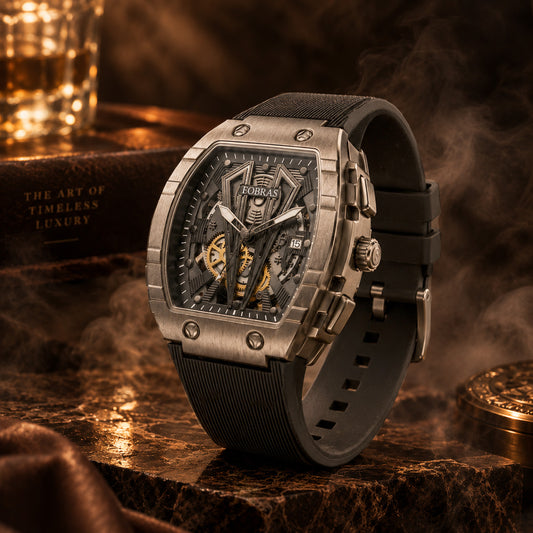 FOBRAS Luxury Gun Metal Grey Automatic Skeleton Watch for Men