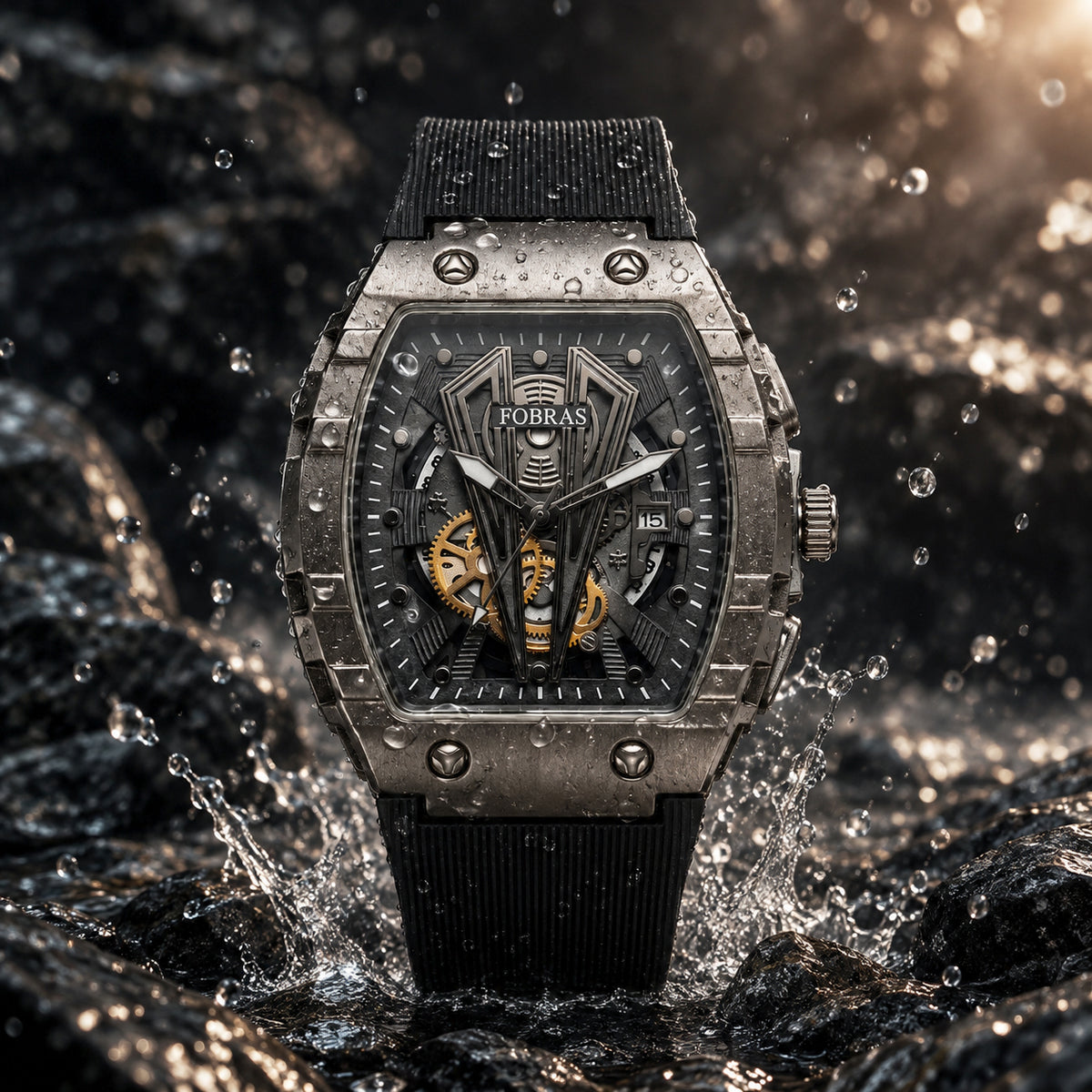 FOBRAS Luxury Gun Metal Grey Automatic Skeleton Watch for Men