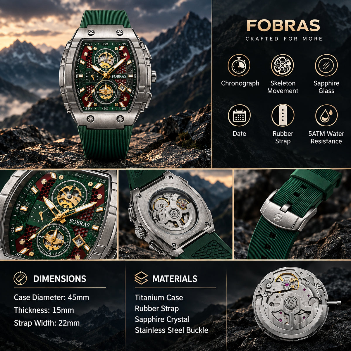 FOBRAS Luxury Black Automatic Skeleton Watch for Men