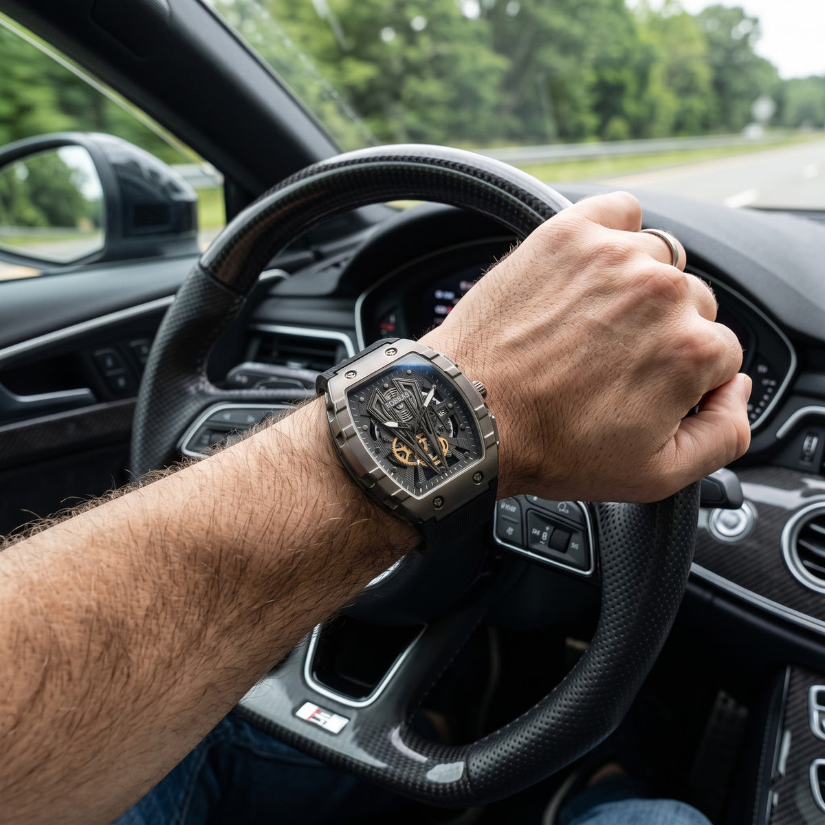 FOBRAS Luxury Gun Metal Grey Automatic Skeleton Watch for Men