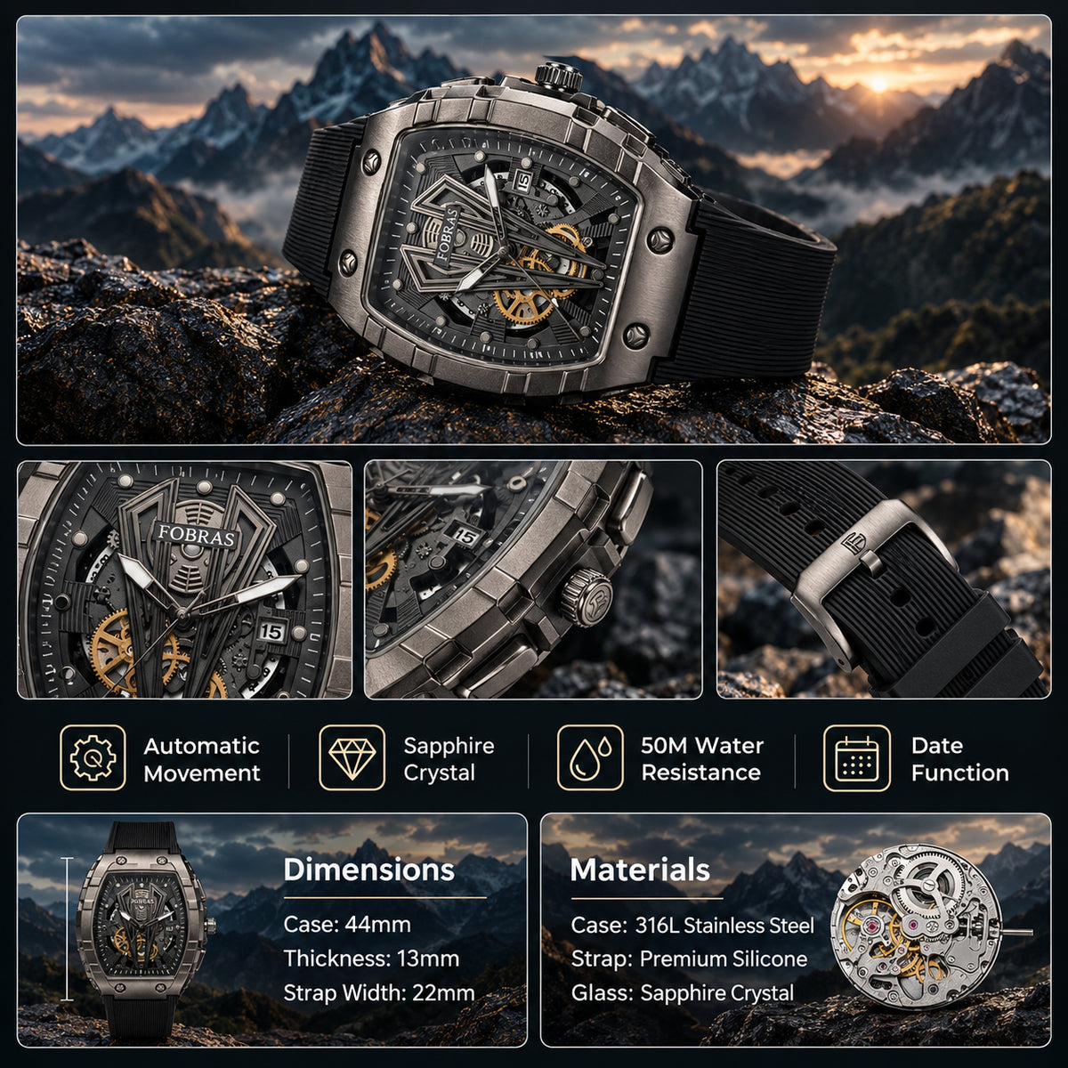 FOBRAS Luxury Gun Metal Grey Automatic Skeleton Watch for Men