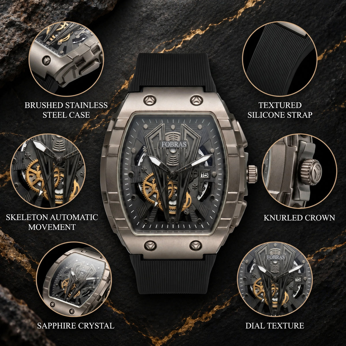 FOBRAS Luxury Gun Metal Grey Automatic Skeleton Watch for Men