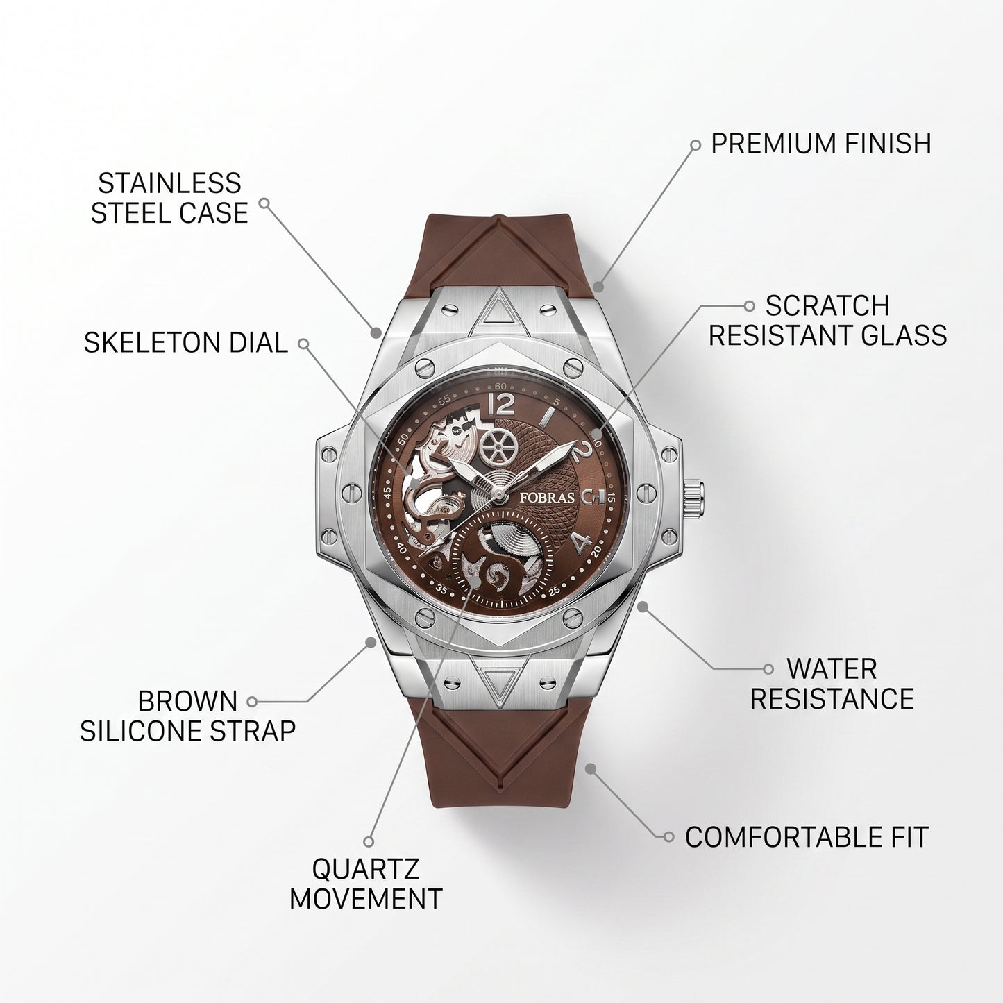 FOBRAS® The Elementum – Silver & Tobacco Brown Watch For Men