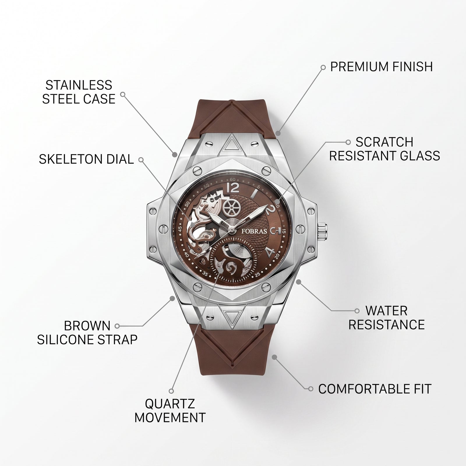 FOBRAS® The Elementum – Silver & Tobacco Brown Watch For Men