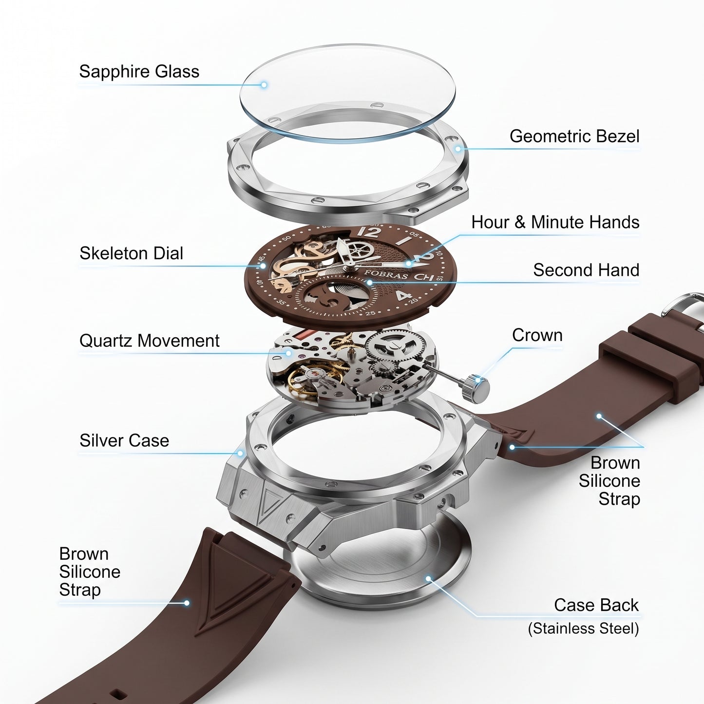 FOBRAS® The Elementum – Silver & Tobacco Brown Watch For Men