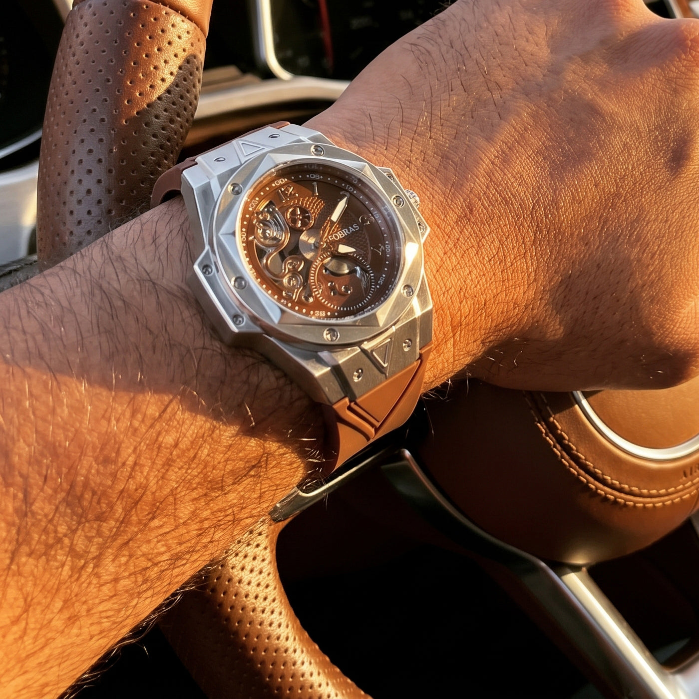 FOBRAS® The Elementum – Silver & Tobacco Brown Watch For Men