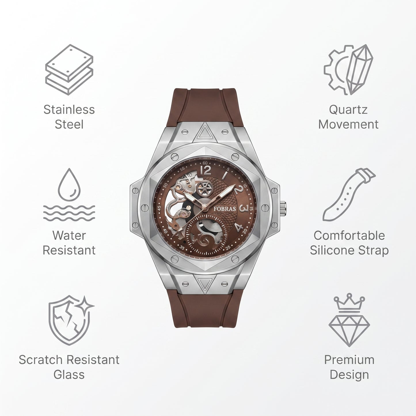FOBRAS® The Elementum – Silver & Tobacco Brown Watch For Men
