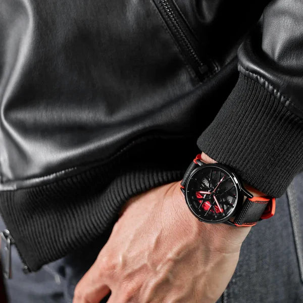 Black Automotive-Inspired Skeleton Luxury Watch – Red Hands & Yellow Brake Caliper Dial