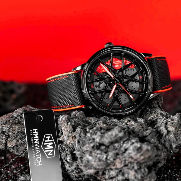 Black Automotive-Inspired Skeleton Luxury Watch – Red Hands & Yellow Brake Caliper Dial