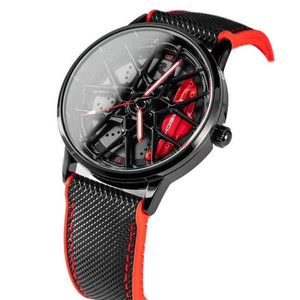 Black Automotive-Inspired Skeleton Luxury Watch – Red Hands & Yellow Brake Caliper Dial