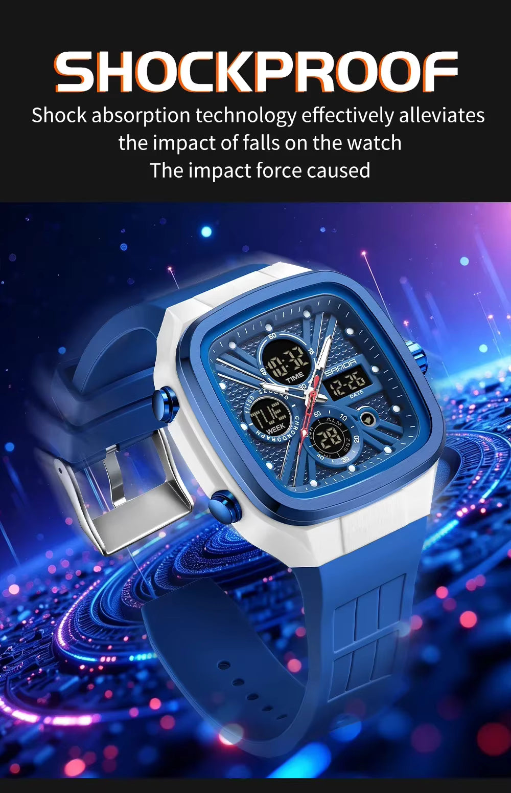 SANDA Men's Dual Display Square Digital Sport Watch - 50M Waterproof