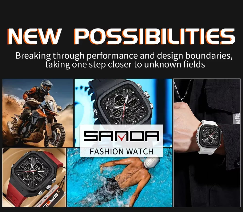 SANDA Men's Dual Display Square Digital Sport Watch - 50M Waterproof