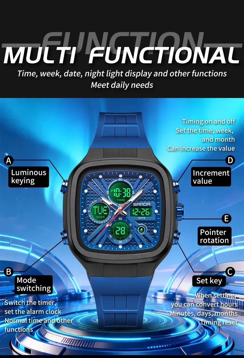 SANDA Men's Dual Display Square Digital Sport Watch - 50M Waterproof