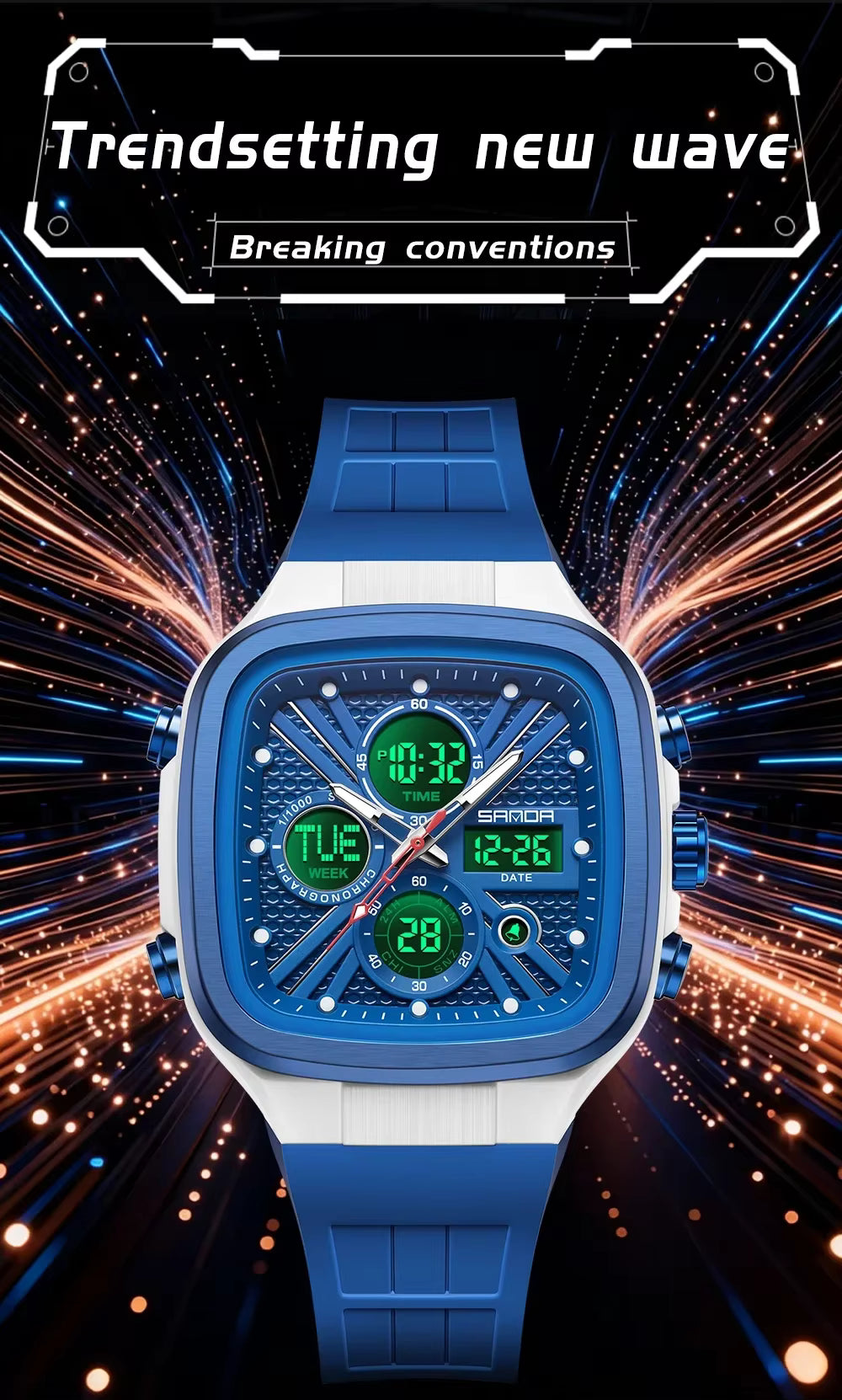 SANDA Men's Dual Display Square Digital Sport Watch - 50M Waterproof