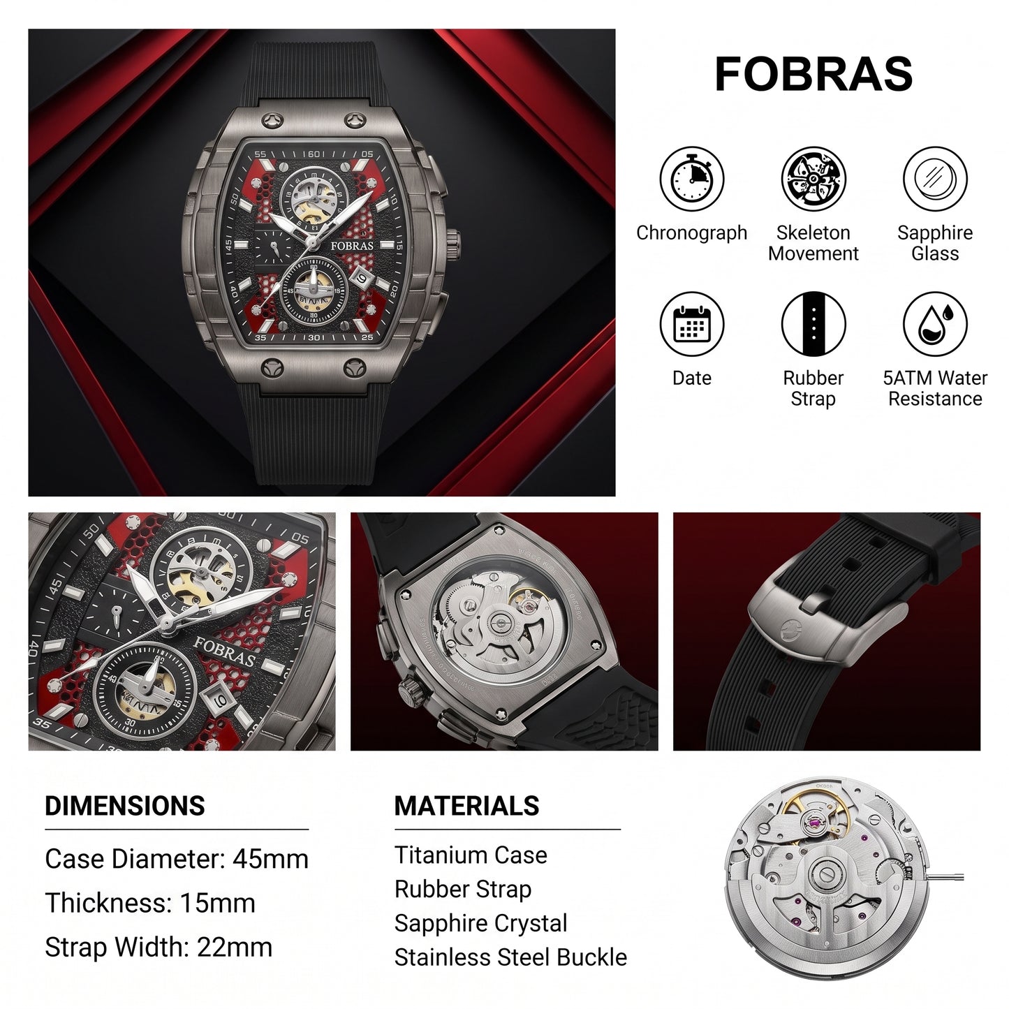 FOBRAS Luxury Black Automatic Skeleton Watch for Men