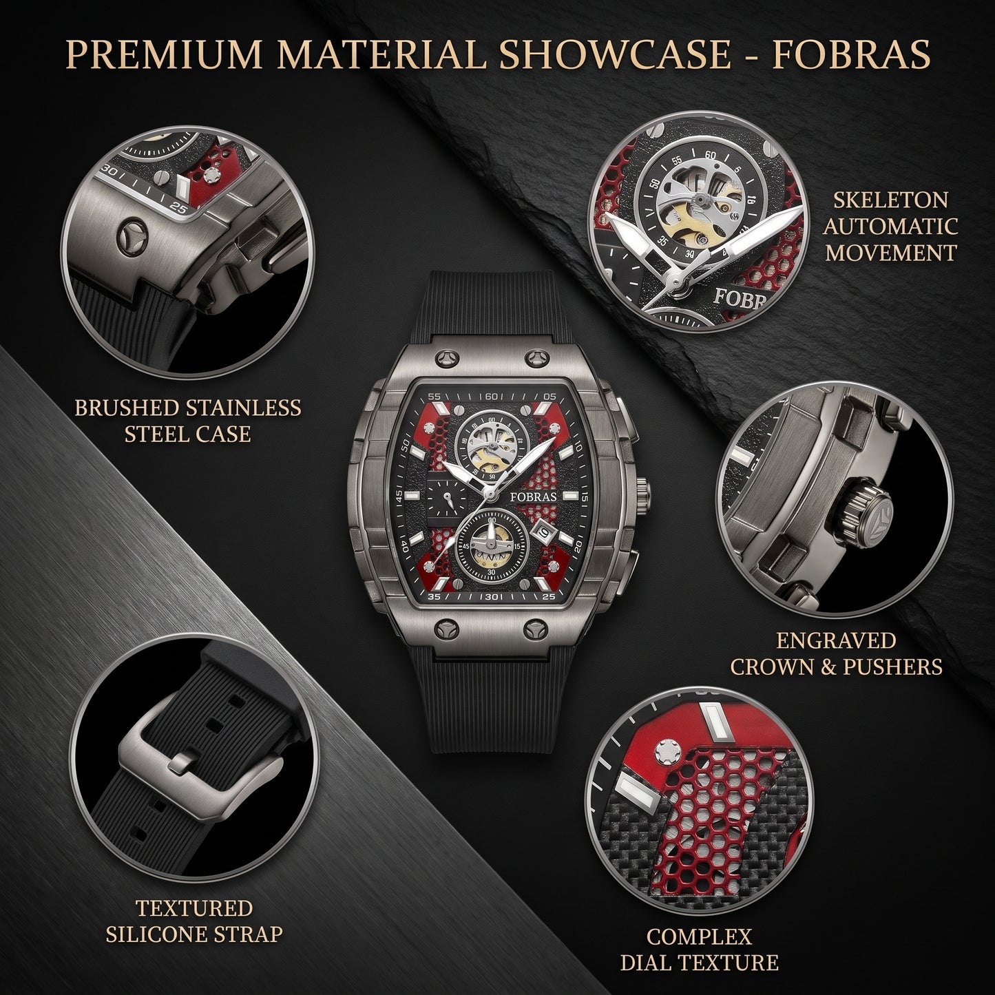 FOBRAS Luxury Black Automatic Skeleton Watch for Men